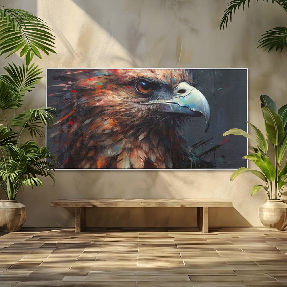 Tablou canvas cu tablou canvas cu vultur stilizat, in rama de aluminiu argintiu